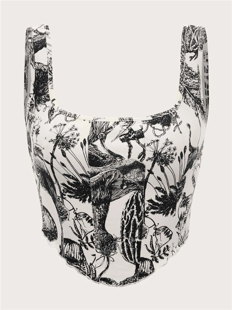 Cropped Plant Print Corset- Alça larga Frete Grátis