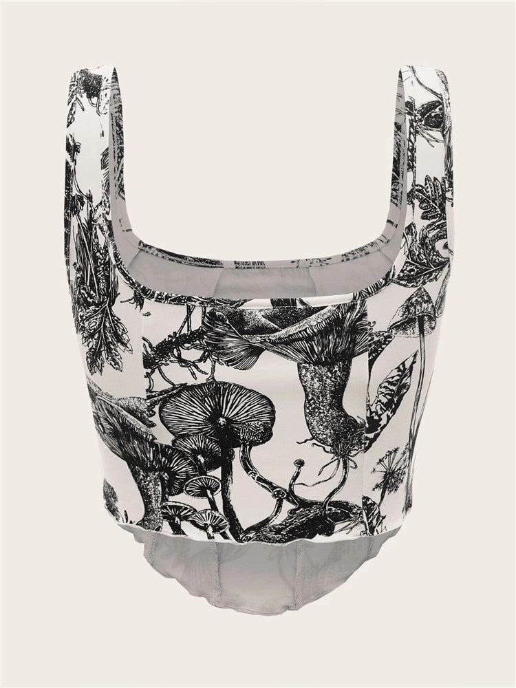 Cropped Plant Print Corset- Alça larga Frete Grátis